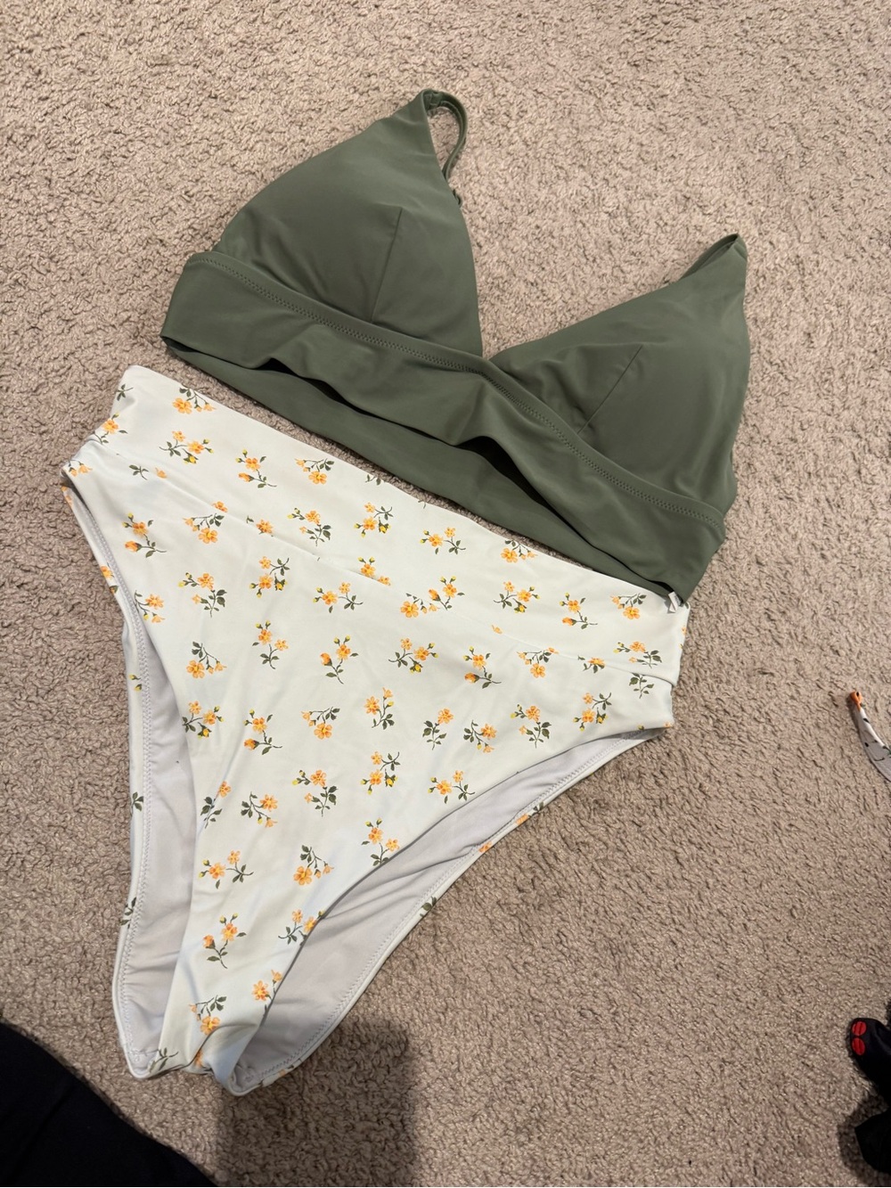 aerie Olive Green Bralette Bikini Top with Cream Floral High-Waist Bottom
